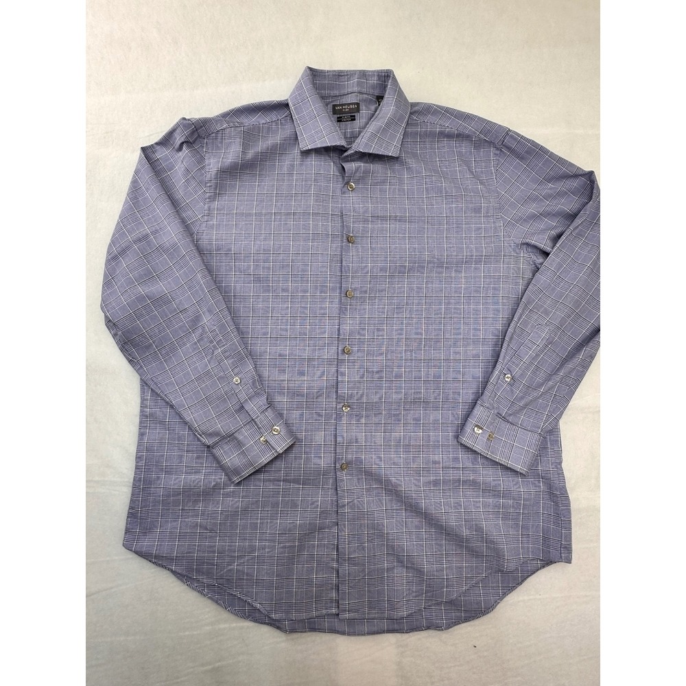 Van Heusen Flex Slim Fit Stretch Dress Shirt Blue Glen Plaid Mens 17.5‎ 32/33 XL